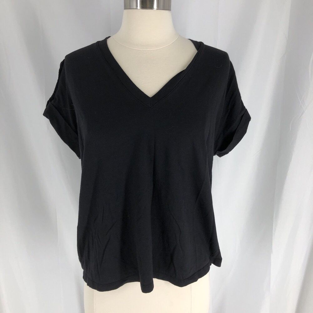 Banana Republic Women's S Black Solid Knit V-Neck T-Shirt Roll Tab